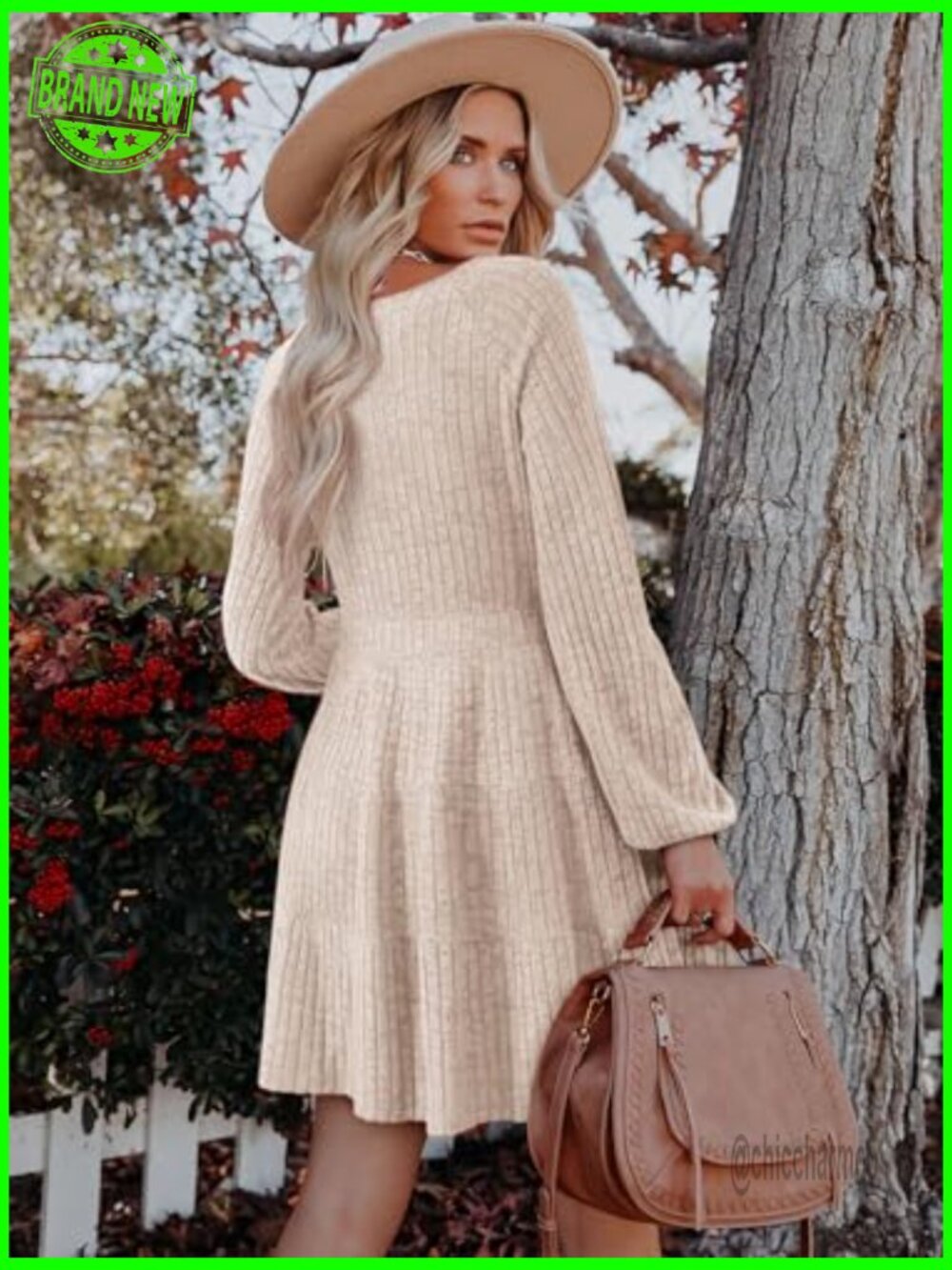 Long Sleeve V Neck Ribbed Knit Babydoll Tiered Mini Sweater Dress - Picture 4 of 7